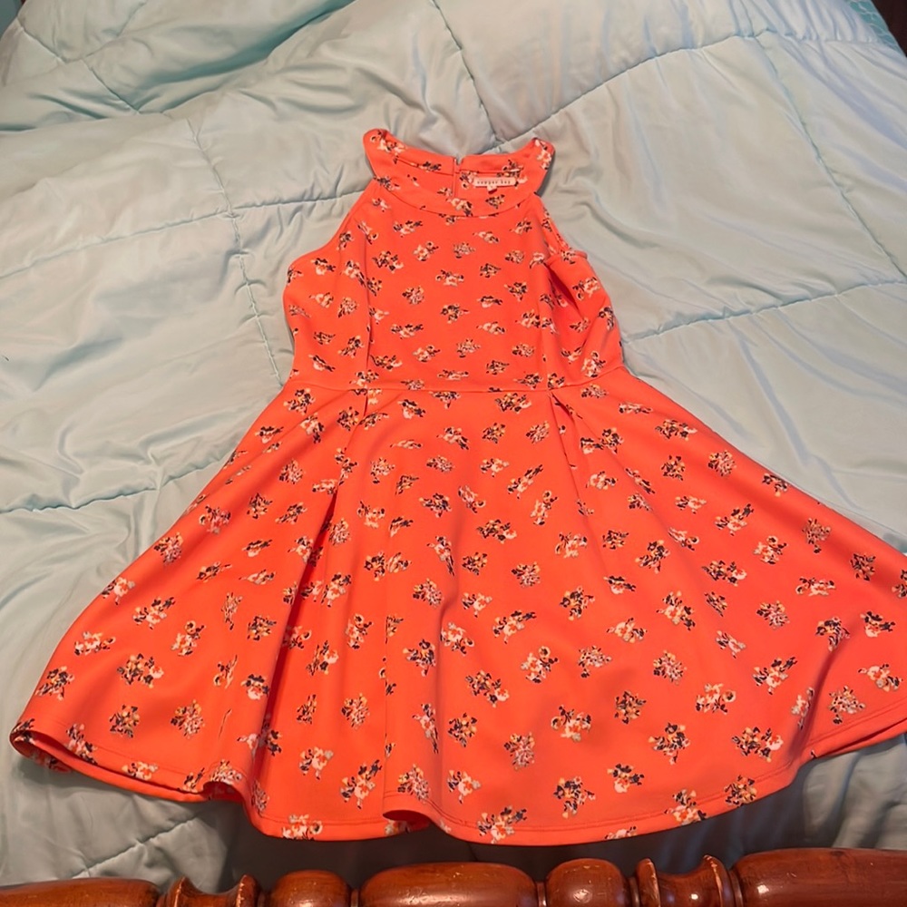 High neck dress, orange with flowers